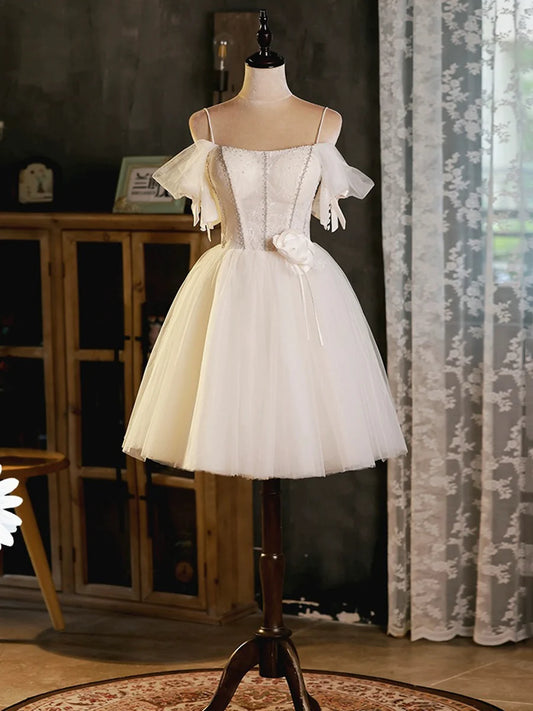 Light Champagne Tulle Spaghetti Strap A-Line Short Party Dress Evening Prom Dress