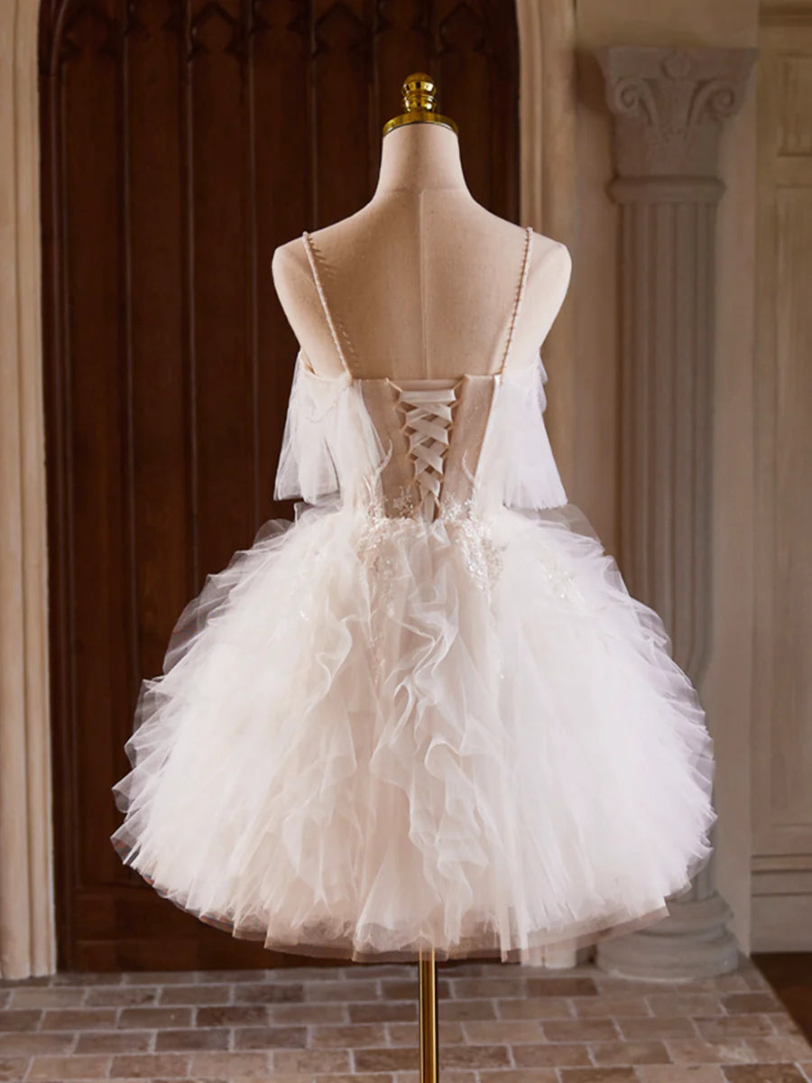 Light Champagne Tulle With Beaded A-Line Layers Short Homecoming Dress Spaghetti Strap Party Dress