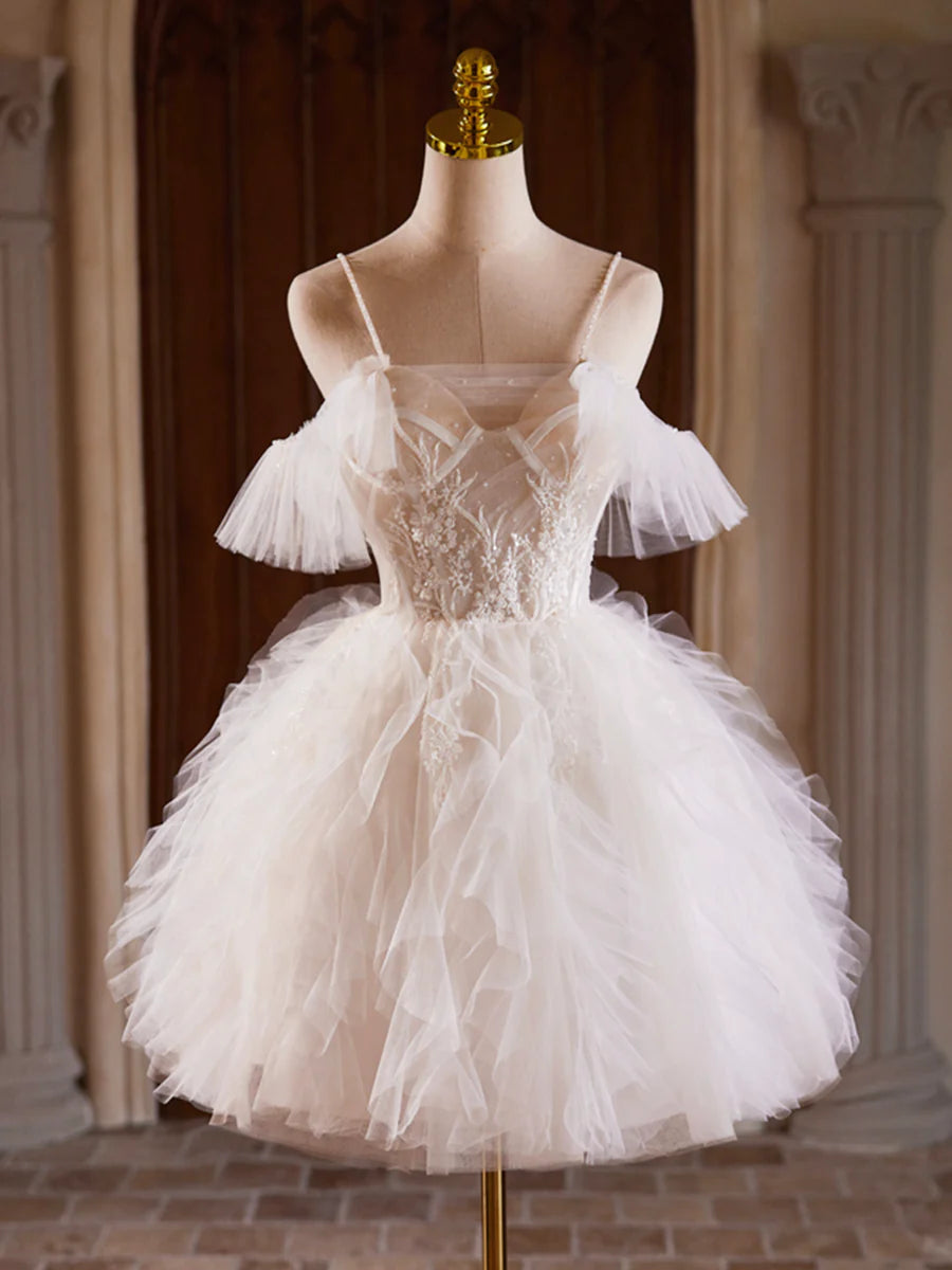 Light Champagne Tulle With Beaded A-Line Layers Short Homecoming Dress Spaghetti Strap Party Dress