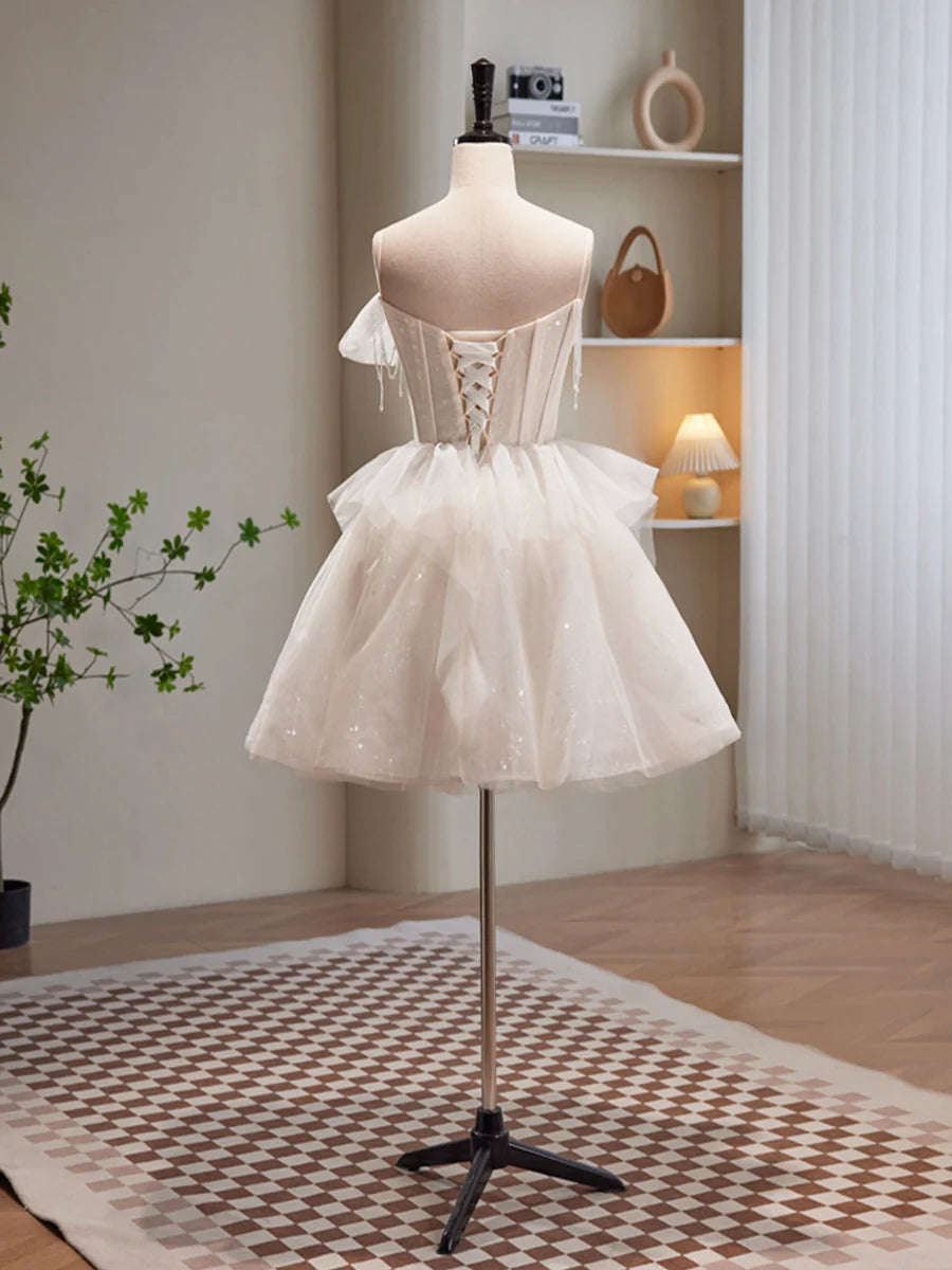 Light Champagne Tulle With Beaded Spaghetti Strap Short Prom Dress Cute A-Line Homecoming Dress