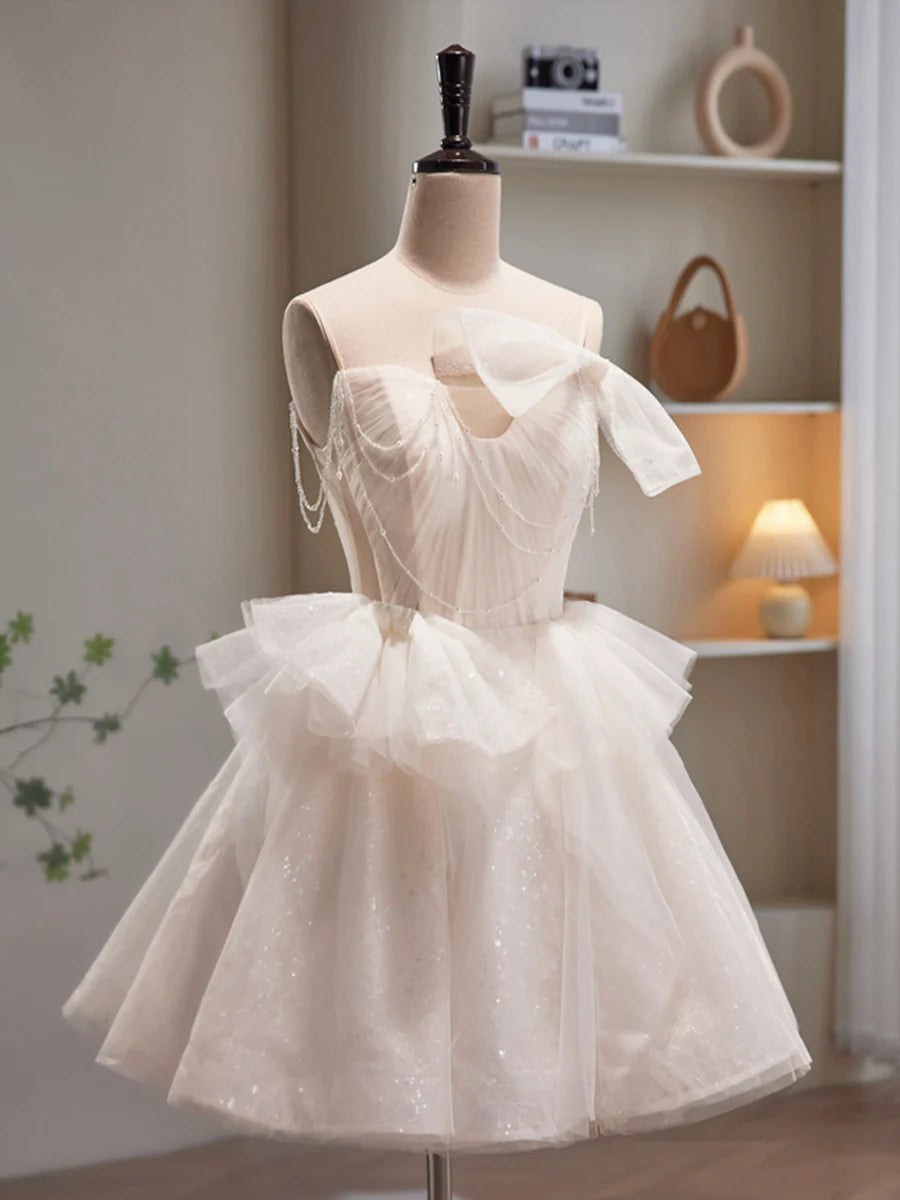 Light Champagne Tulle With Beaded Spaghetti Strap Short Prom Dress Cute A-Line Homecoming Dress