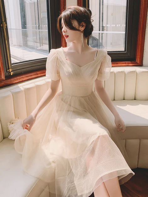 Light Champagne Tulle With Beaded V Neck Short Homecoming Dress Prom Dresses