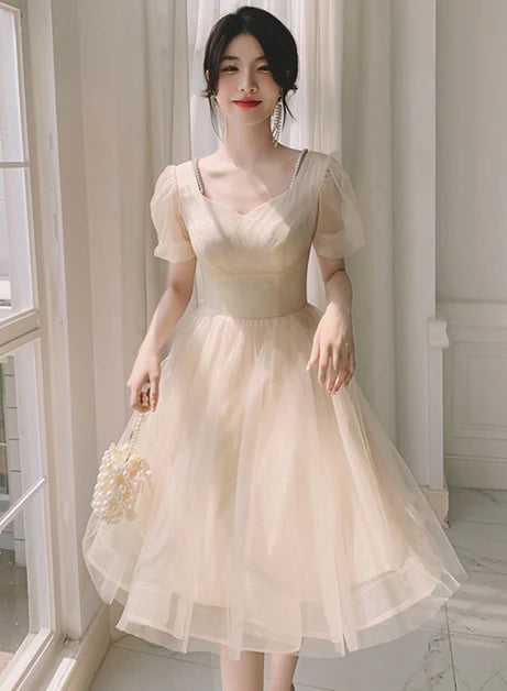 Light Champagne Tulle With Beaded V Neck Short Homecoming Dress Prom Dresses