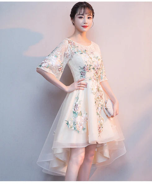 Light Champagne Tulle With Lace Applique High Low Short Sleeves Party Dress Homecoming Dress