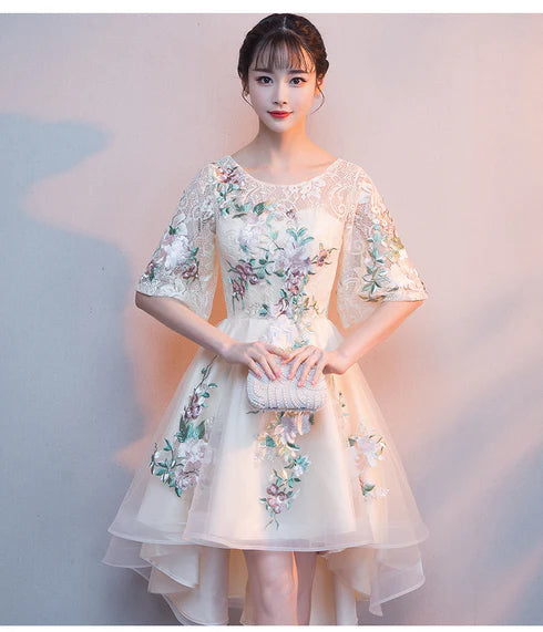 Light Champagne Tulle With Lace Applique High Low Short Sleeves Party Dress Homecoming Dress