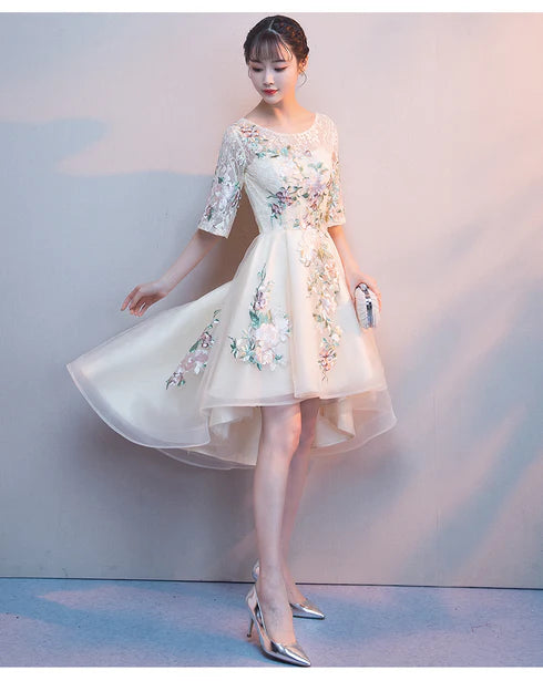 Light Champagne Tulle With Lace Applique High Low Short Sleeves Party Dress Homecoming Dress