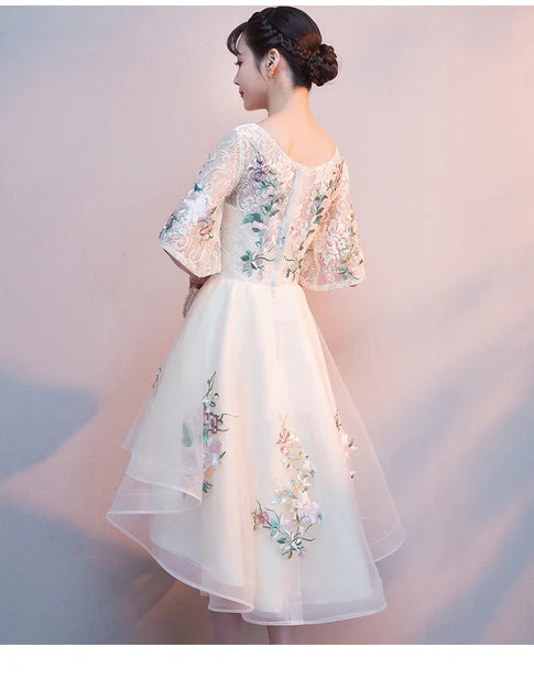 Light Champagne Tulle With Lace Applique High Low Short Sleeves Party Dress Homecoming Dress