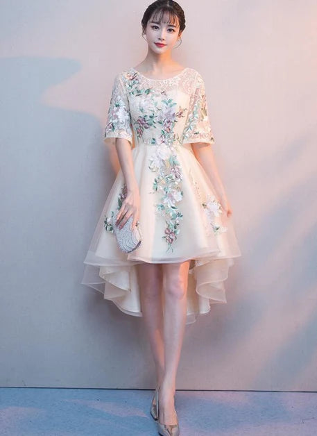 Light Champagne Tulle With Lace Applique High Low Short Sleeves Party Dress Homecoming Dress