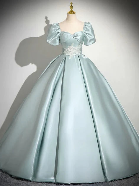 Light Green Satin with Lace Applique A-line Short Sleeves Party Dress Prom Dress
