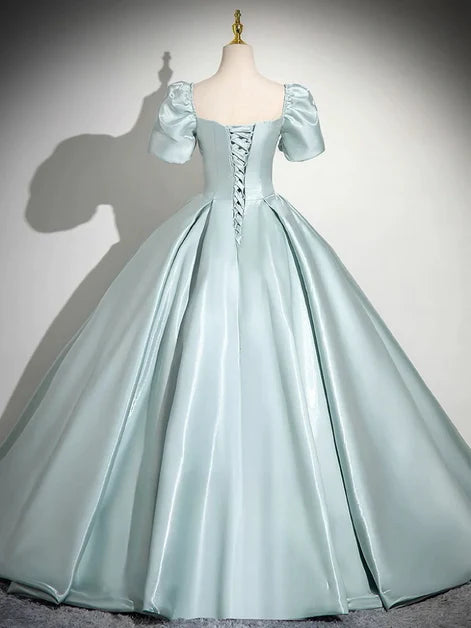 Light Green Satin with Lace Applique A-line Short Sleeves Party Dress Prom Dress