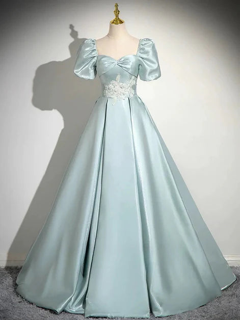 Light Green Satin with Lace Applique A-line Short Sleeves Party Dress Prom Dress