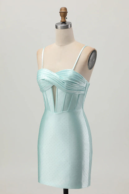 Light Green Spaghetti Straps Bodycon Corset Cut Out Pleated Beaded Short Homecoming Dress Party Dress