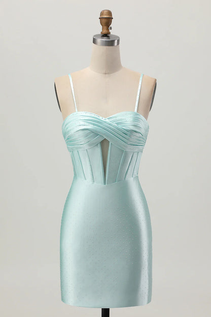 Light Green Spaghetti Straps Bodycon Corset Cut Out Pleated Beaded Short Homecoming Dress Party Dress