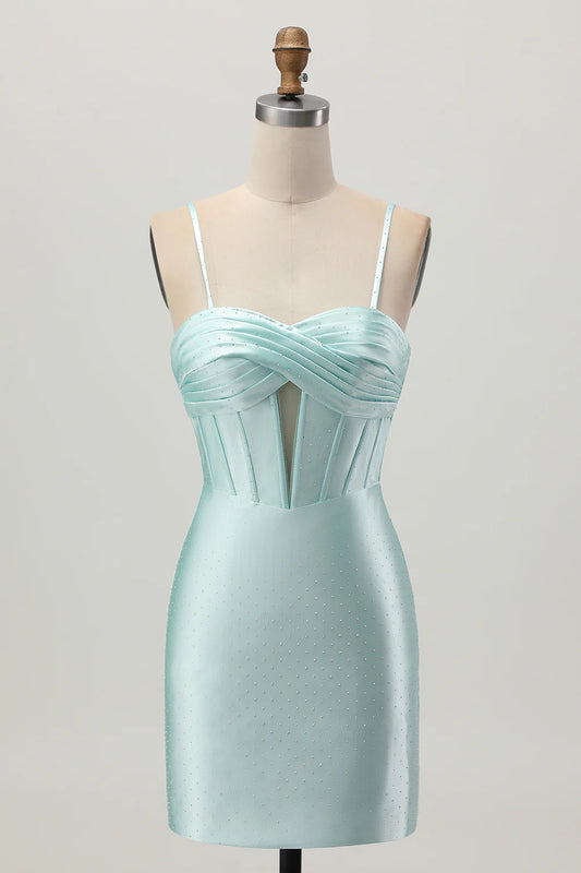 Light Green Spaghetti Straps Bodycon Corset Cut Out Pleated Beaded Short Homecoming Dress Party Dress