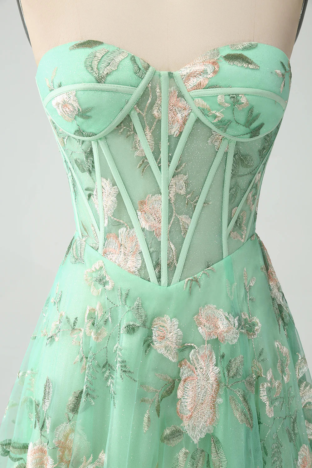 Light Green Sweetheart Collar Strapless A-Line Corset Prom Dress With Flower Embroidery