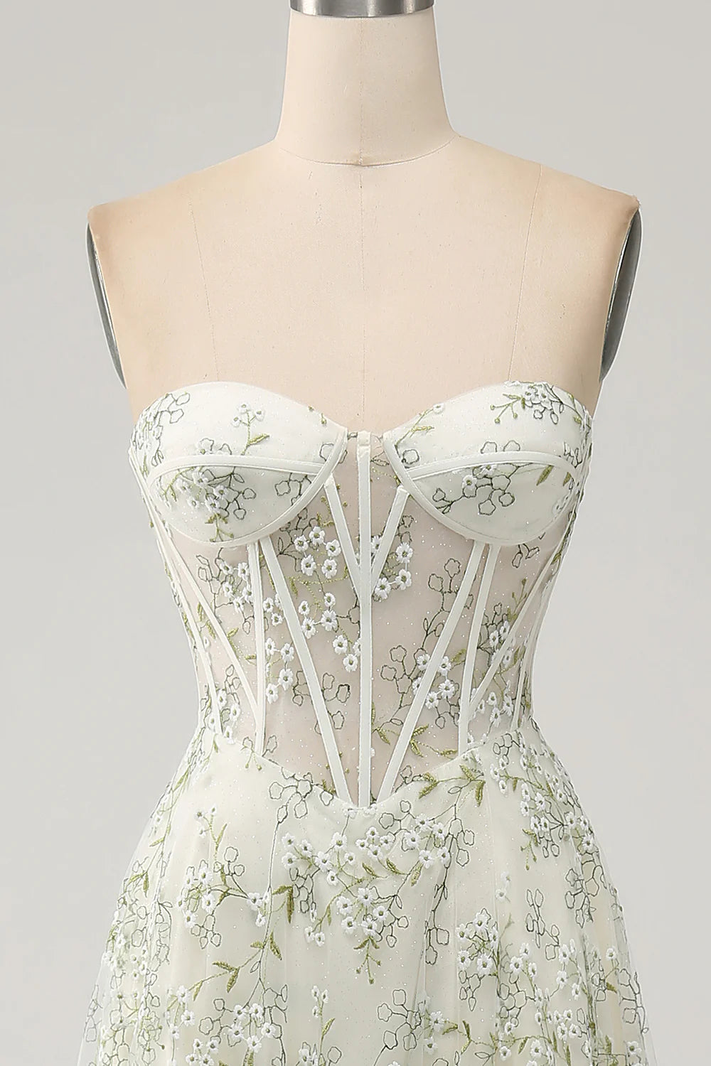 Light Green Sweetheart Collar Strapless A-Line Corset Prom Dress With Flower Embroidery