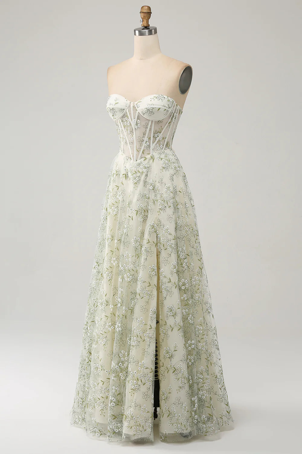 Light Green Sweetheart Collar Strapless A-Line Corset Prom Dress With Flower Embroidery