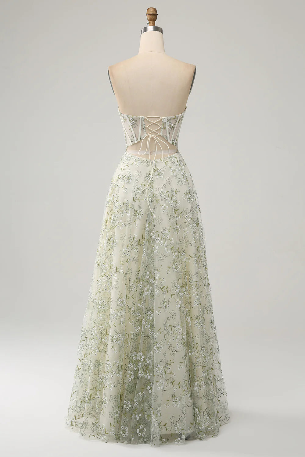Light Green Sweetheart Collar Strapless A-Line Corset Prom Dress With Flower Embroidery
