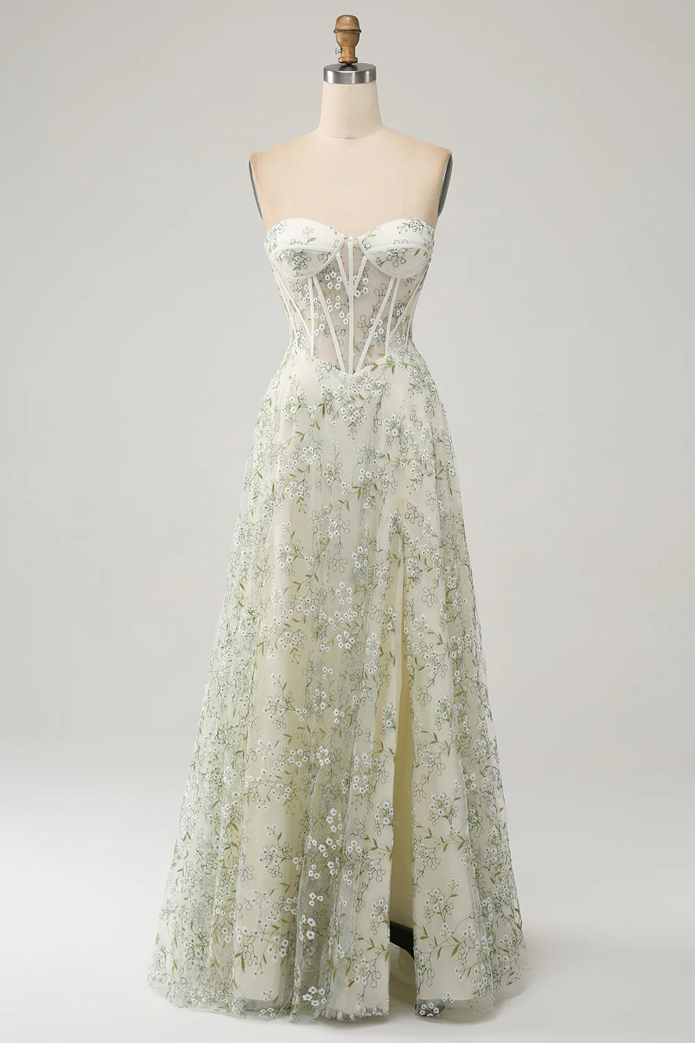Light Green Sweetheart Collar Strapless A-Line Corset Prom Dress With Flower Embroidery