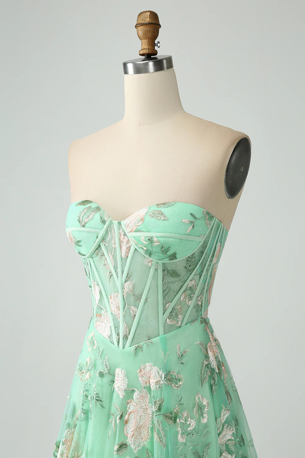 Light Green Sweetheart Collar Strapless A-Line Corset Prom Dress With Flower Embroidery
