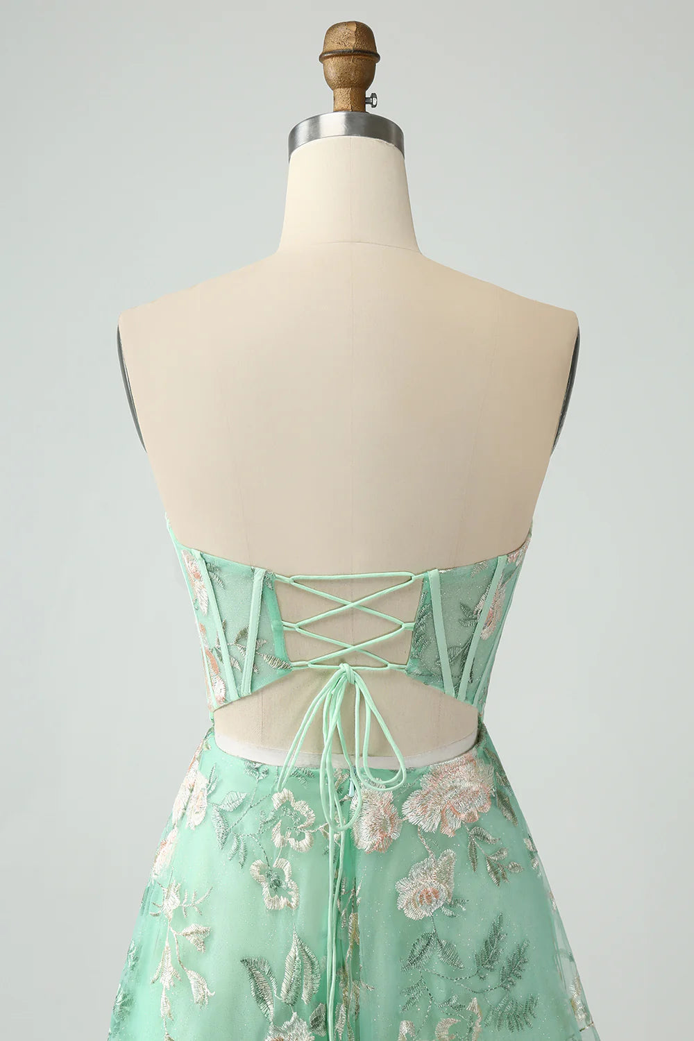 Light Green Sweetheart Collar Strapless A-Line Corset Prom Dress With Flower Embroidery