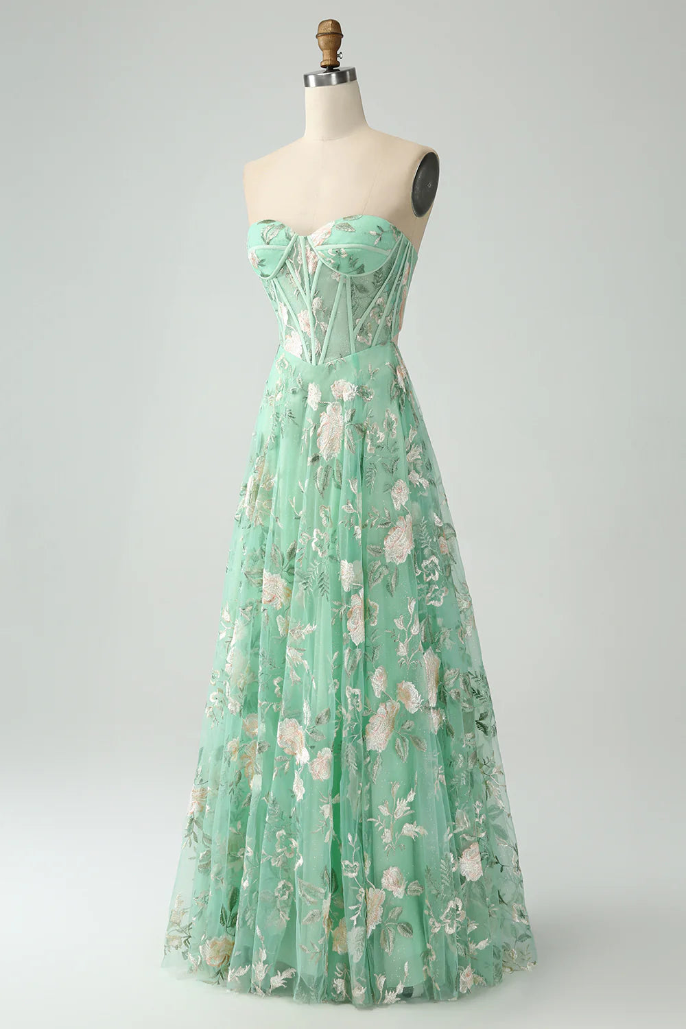 Light Green Sweetheart Collar Strapless A-Line Corset Prom Dress With Flower Embroidery