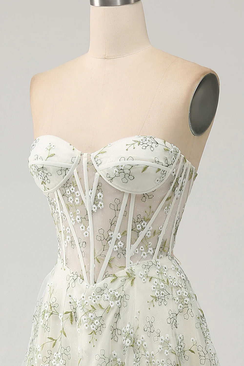 Light Green Sweetheart Collar Strapless A-Line Corset Prom Dress With Flower Embroidery