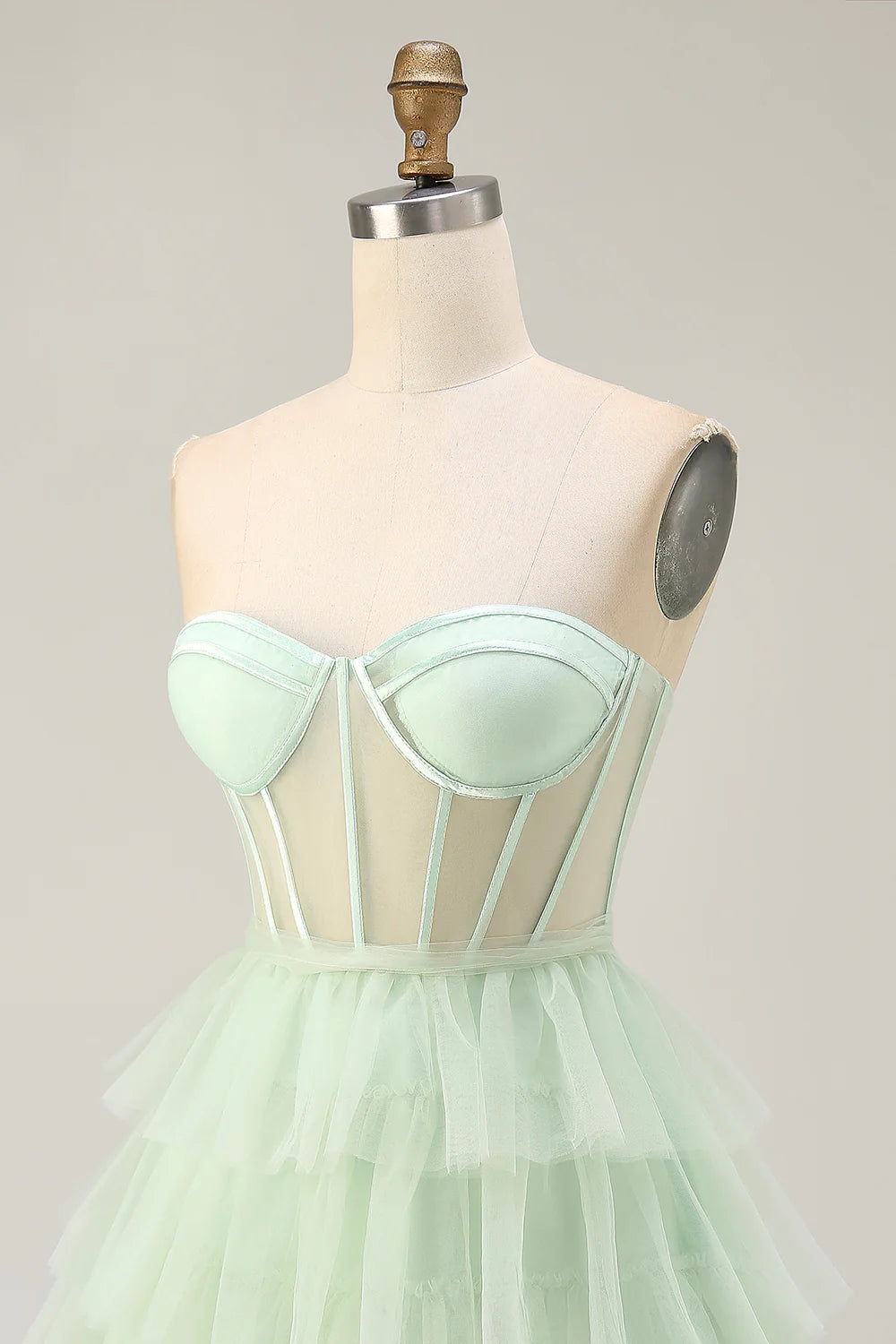 Light Green Tulle Tiered Strapless A Line Corset Short Homecoming Dress Party Dress