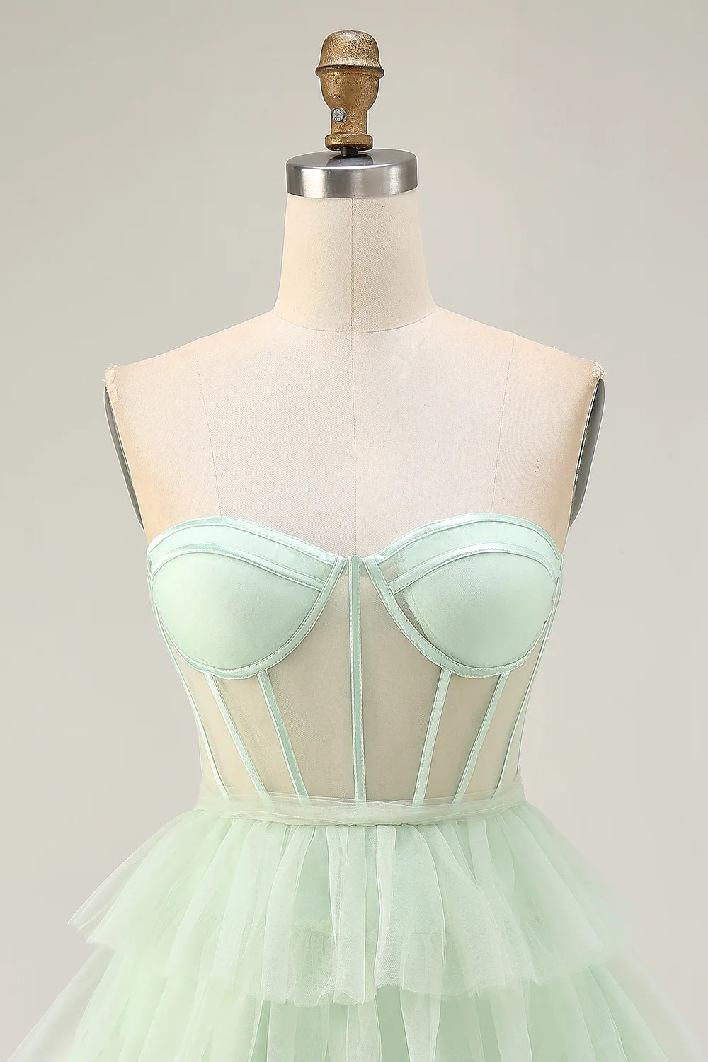 Light Green Tulle Tiered Strapless A Line Corset Short Homecoming Dress Party Dress
