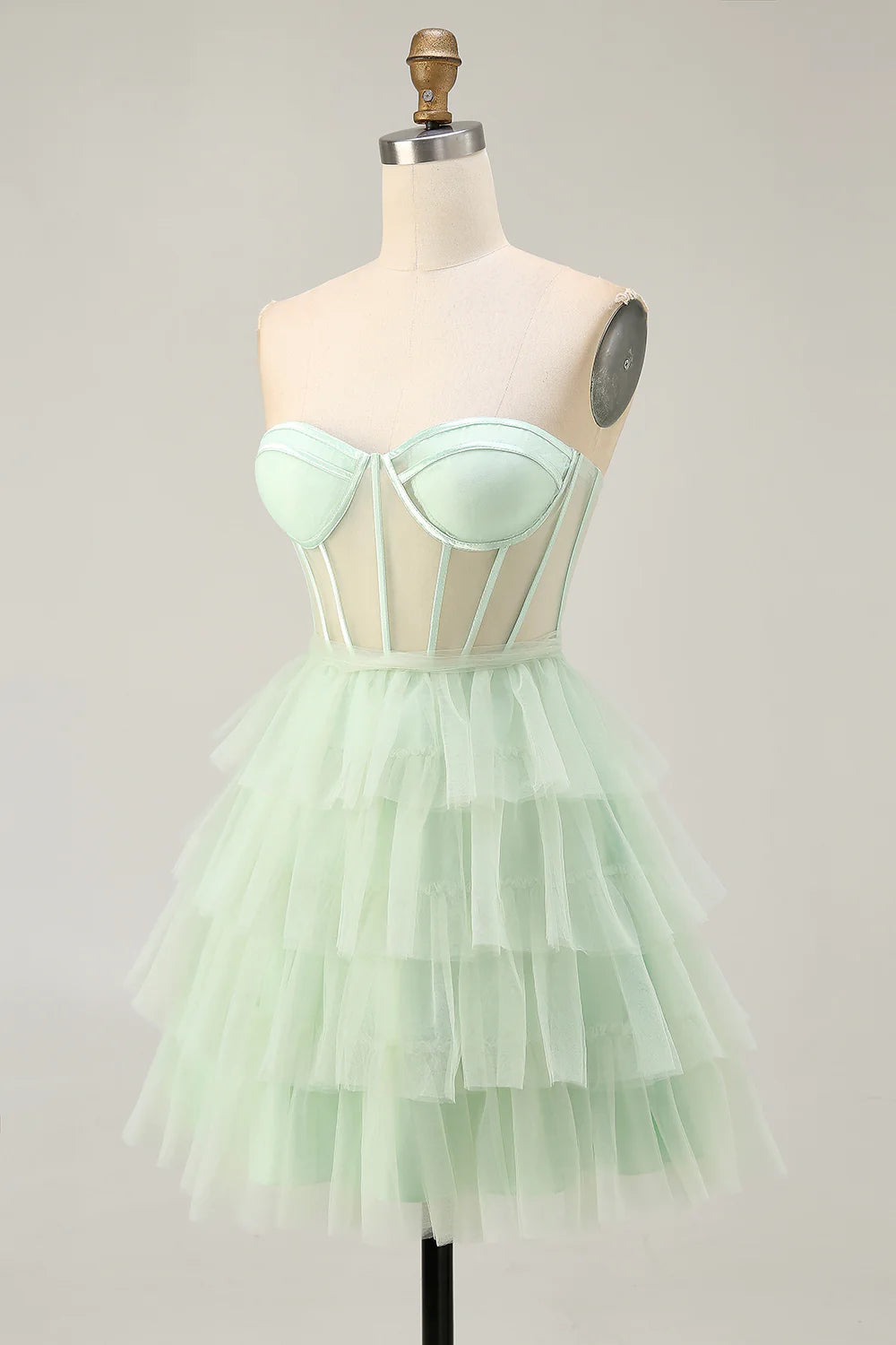 Light Green Tulle Tiered Strapless A Line Corset Short Homecoming Dress Party Dress