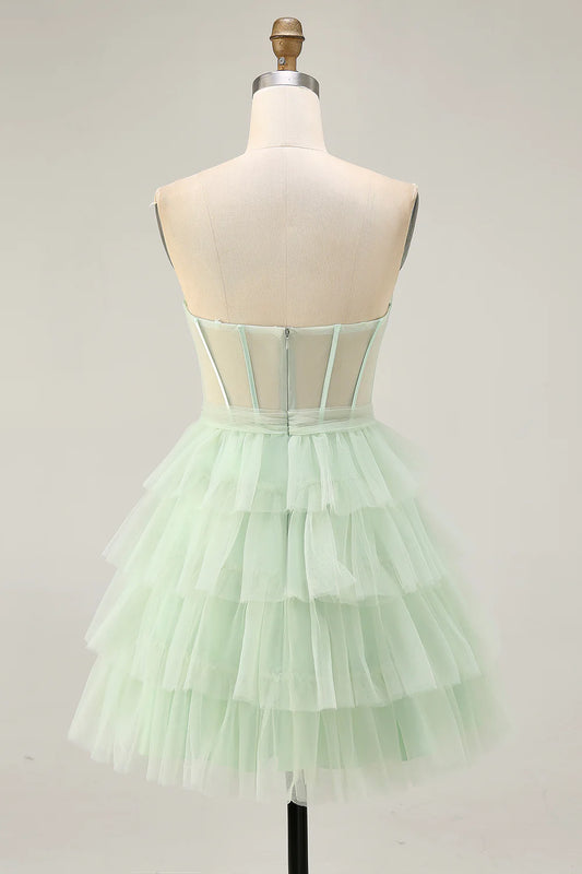 Light Green Tulle Tiered Strapless A Line Corset Short Homecoming Dress Party Dress