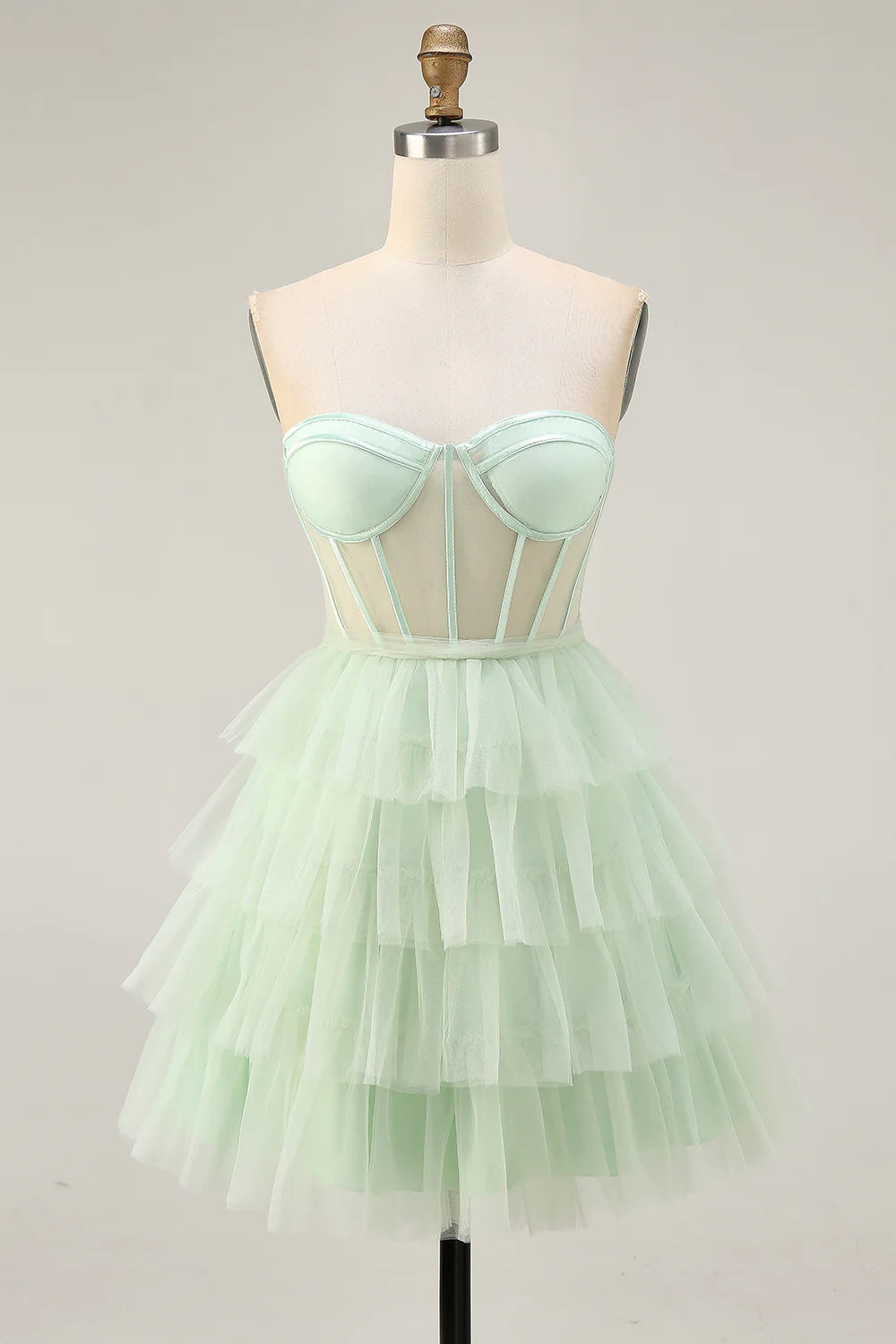 Light Green Tulle Tiered Strapless A Line Corset Short Homecoming Dress Party Dress