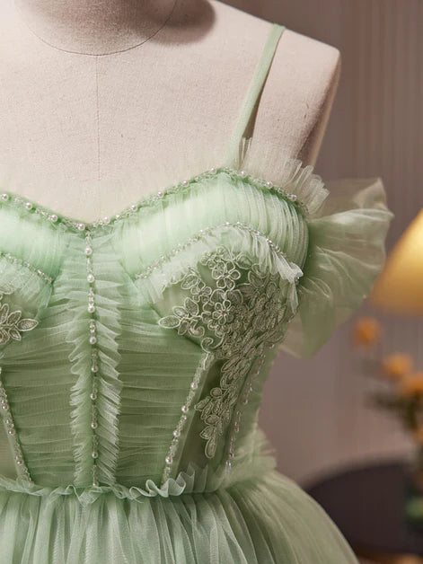 Light Green Tulle With Bow Spaghetti Strap Short Party Dress Graduation Dress Homecoming Dresses