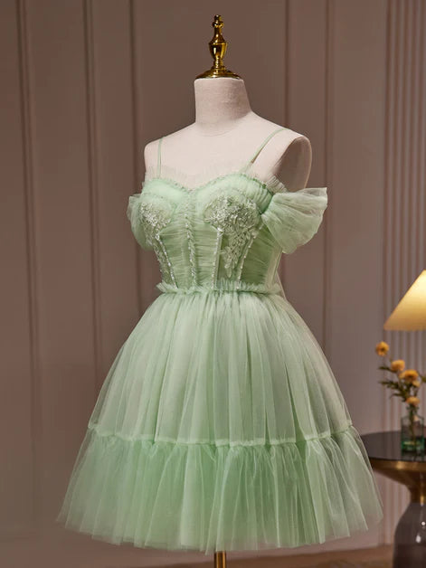 Light Green Tulle With Bow Spaghetti Strap Short Party Dress Graduation Dress Homecoming Dresses