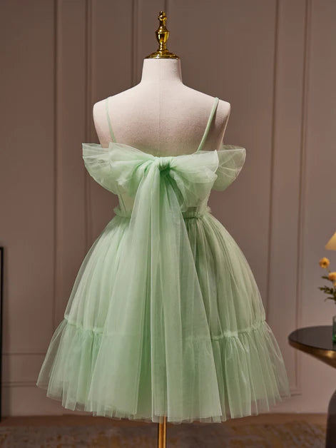 Light Green Tulle With Bow Spaghetti Strap Short Party Dress Graduation Dress Homecoming Dresses