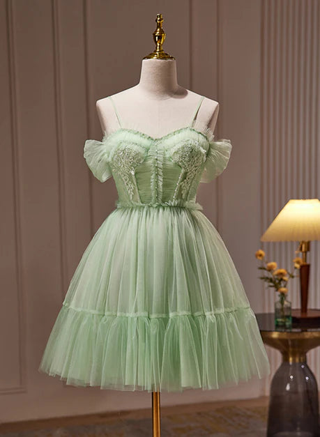 Light Green Tulle With Bow Spaghetti Strap Short Party Dress Graduation Dress Homecoming Dresses