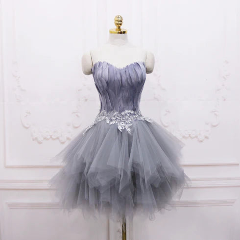 Light Grey Tulle Feather Applique Short Party Dress Homecoming Dress