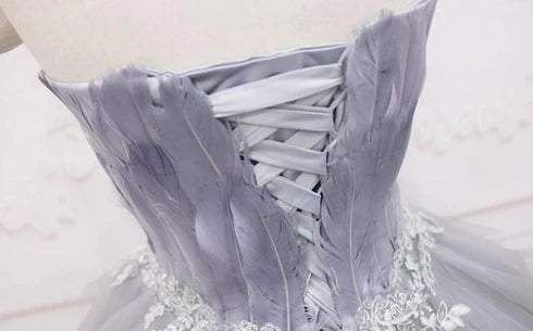 Light Grey Tulle Feather Applique Short Party Dress Homecoming Dress