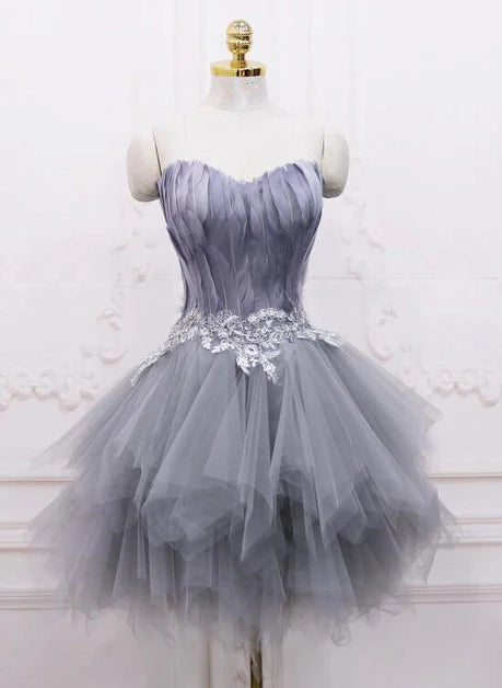 Light Grey Tulle Feather Applique Short Party Dress Homecoming Dress