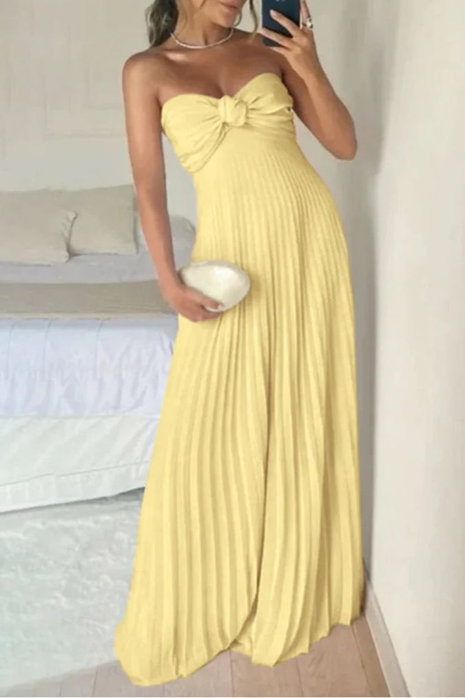 Light Pink Chiffon Pleated A Line Open Back Strapless Floor Length Long Prom Dress