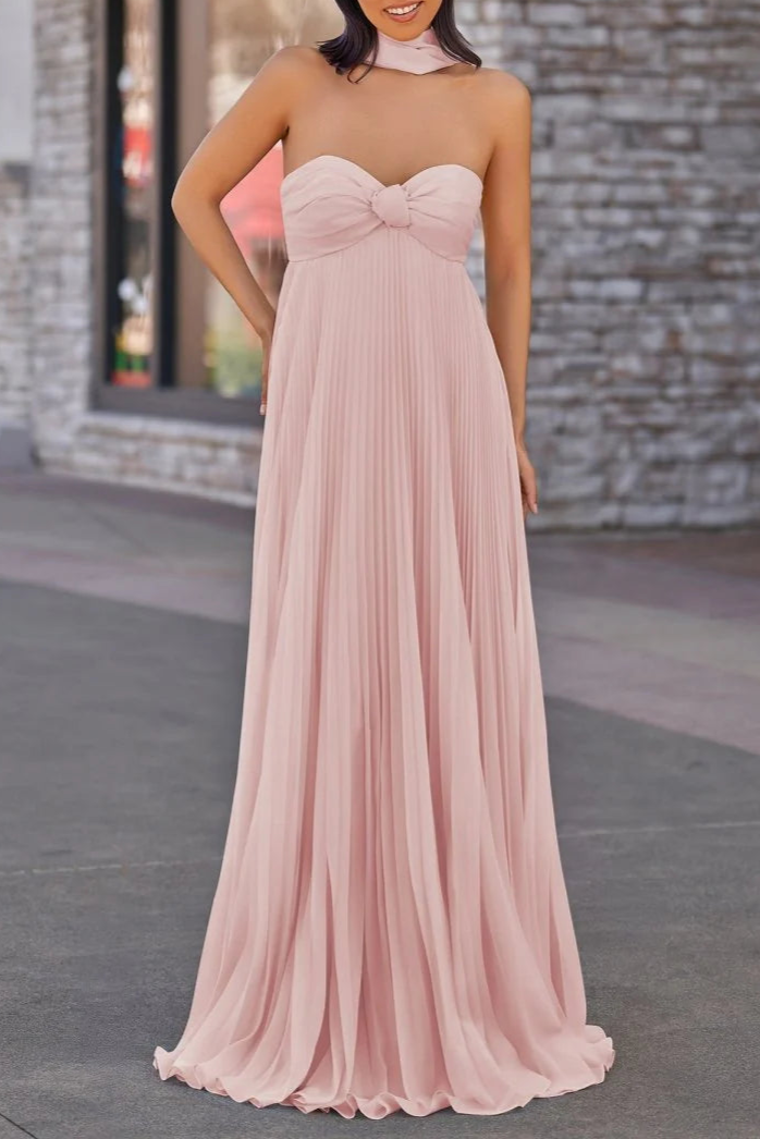 Light Pink Chiffon Pleated A Line Open Back Strapless Floor Length Long Prom Dress