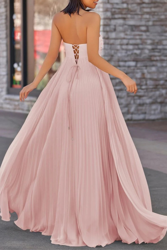 Light Pink Chiffon Pleated A Line Open Back Strapless Floor Length Long Prom Dress