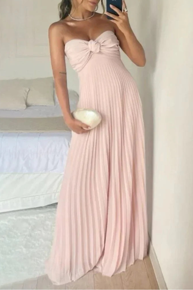 Light Pink Chiffon Pleated A Line Open Back Strapless Floor Length Long Prom Dress