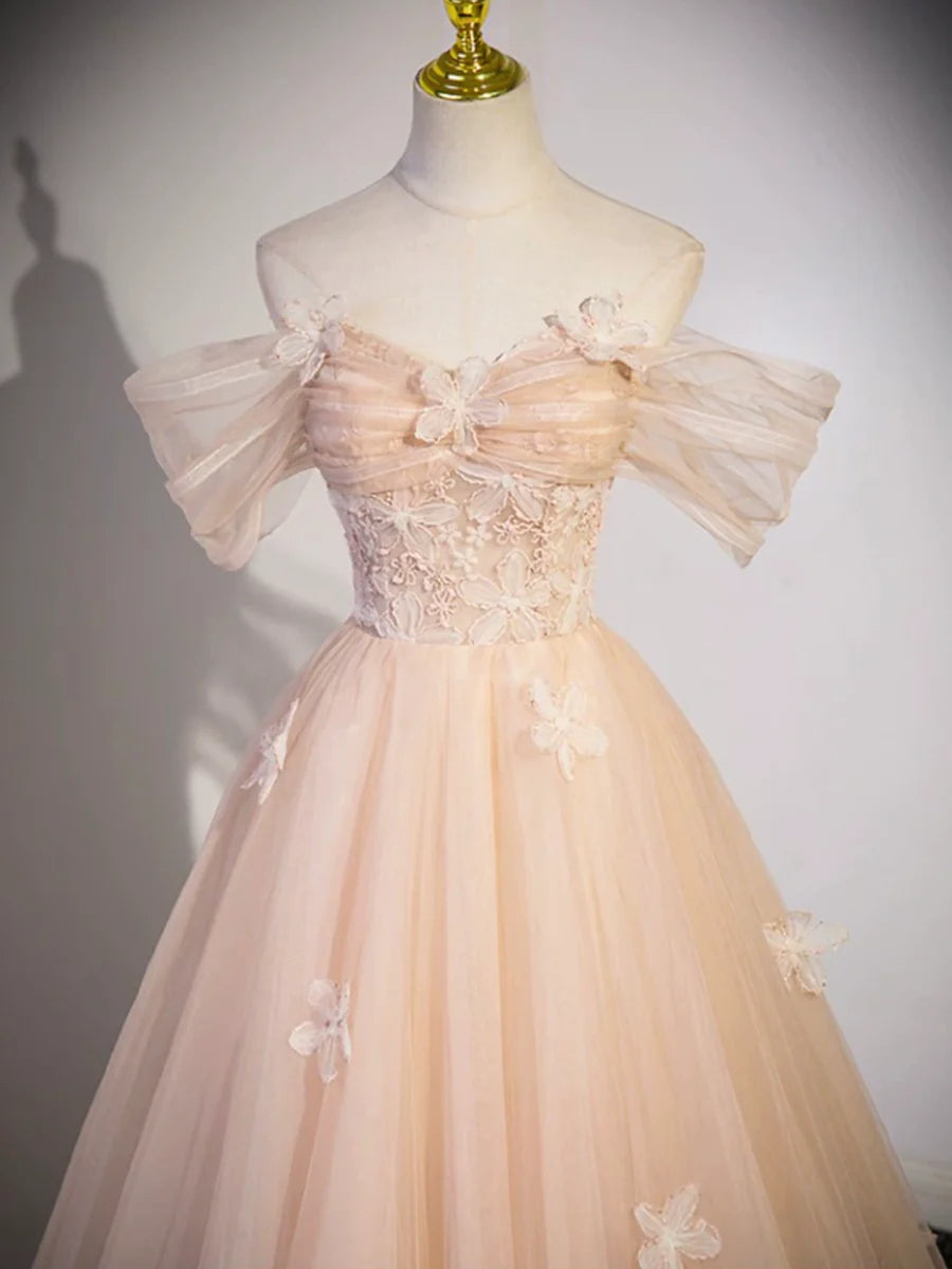 Light Pink Tulle With Applique Off Shoulder Floor Length Prom Dress Evening Party Dress
