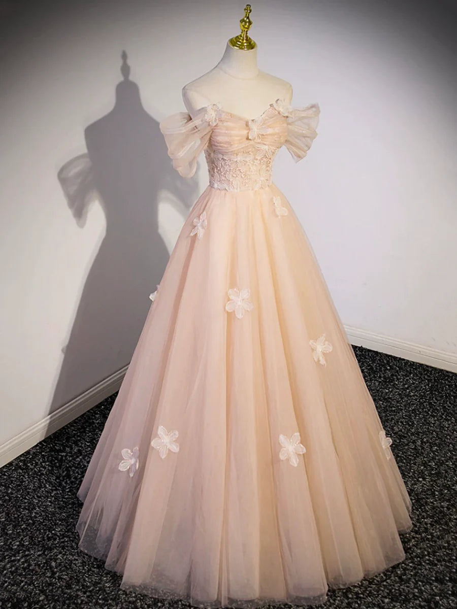 Light Pink Tulle With Applique Off Shoulder Floor Length Prom Dress Evening Party Dress