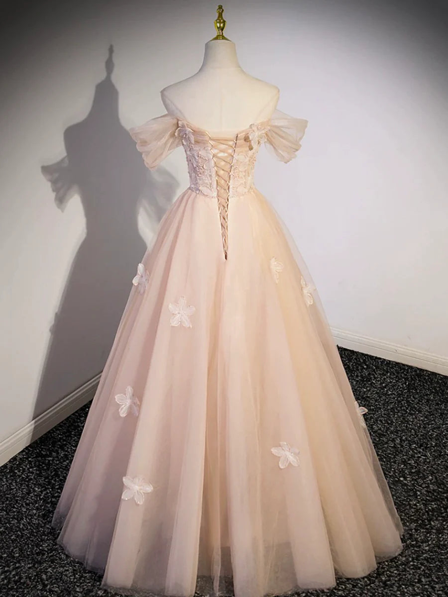 Light Pink Tulle With Applique Off Shoulder Floor Length Prom Dress Evening Party Dress