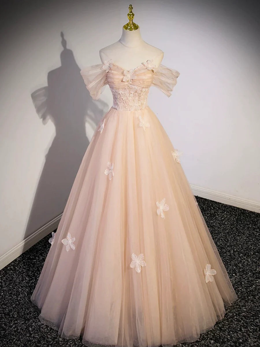 Light Pink Tulle With Applique Off Shoulder Floor Length Prom Dress Evening Party Dress