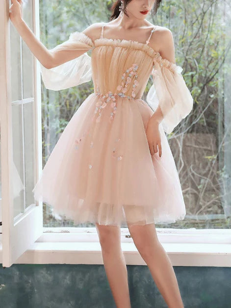 Light Pink and Champagne with Lace Applique Short Prom Dress Homecoming Dresses