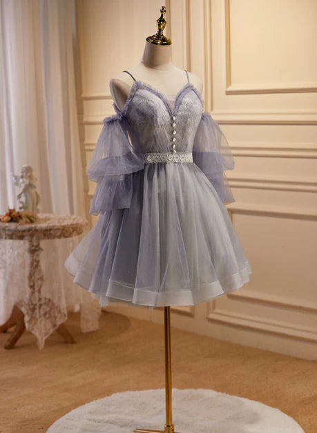 Light Purple Tulle Lace V Neck Spaghetti straps Short Party Dress Homecoming Dress