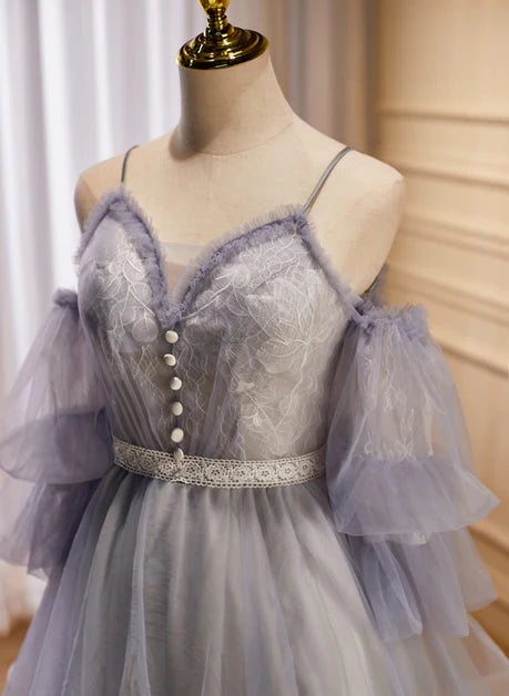 Light Purple Tulle Lace V Neck Spaghetti straps Short Party Dress Homecoming Dress